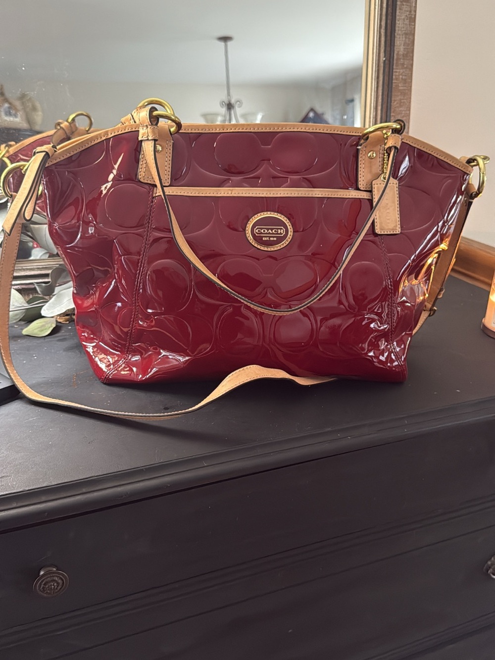 Coach Glossy Patent Tote in Burgundy with Tan Trim